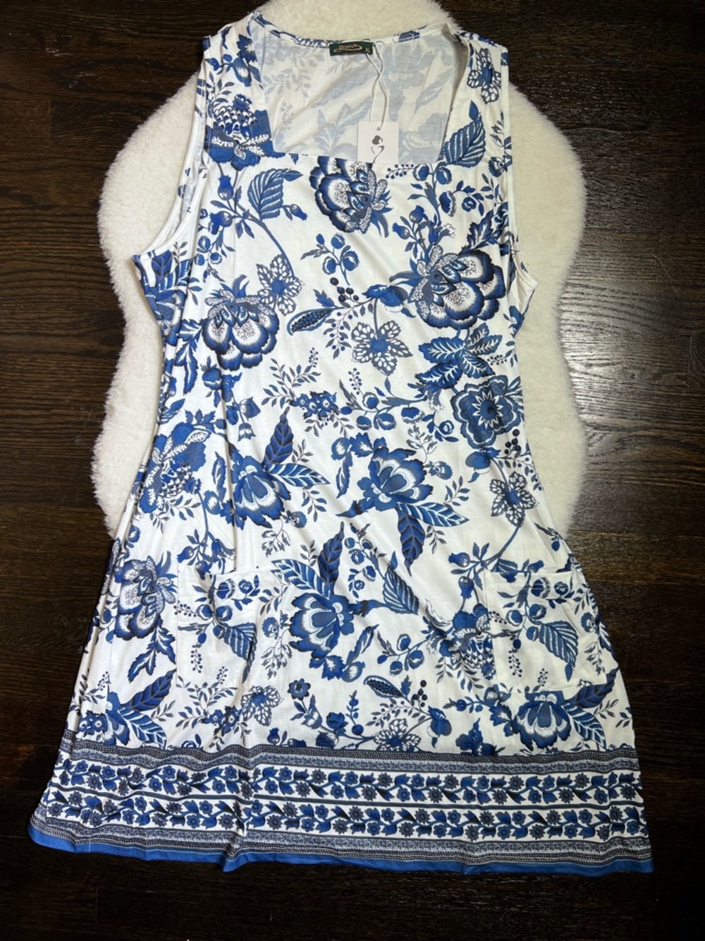 NWT Ofeefan Blue and White Floral Square Neck Dress Extra Large